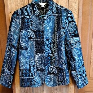 Christopher & Banks Blue and Black Paisley Blazer Zip-Up Size L Manderin Collar